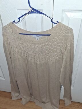 Kim Rogers Taupe Cable Yoke Scoop Neck Sweater